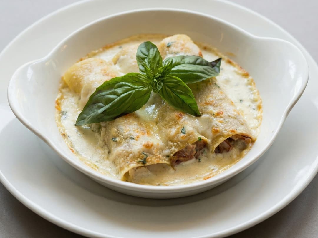 Каннеллони фаршированные уткой и яблоками в сливочном соусе