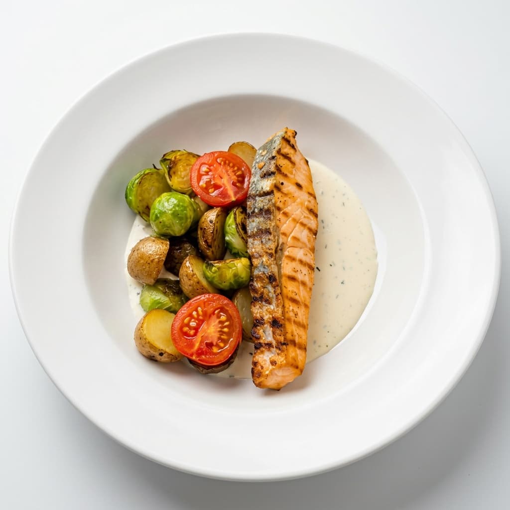 Лосось гриль с овощами в соусе бер блан