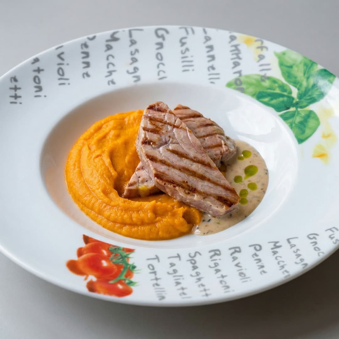 Стейк из тунца с морковным пюре